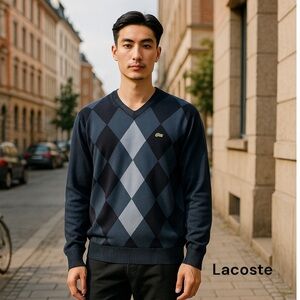 LACOSTE MENS GRAY BLUE ARGYLE LONG SLEEVE V NECK SWEATER COTTON 4